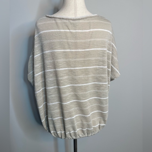 Sz L Max Studio tan white striped boat neck blouse cinched adjustable waist - Picture 5 of 8